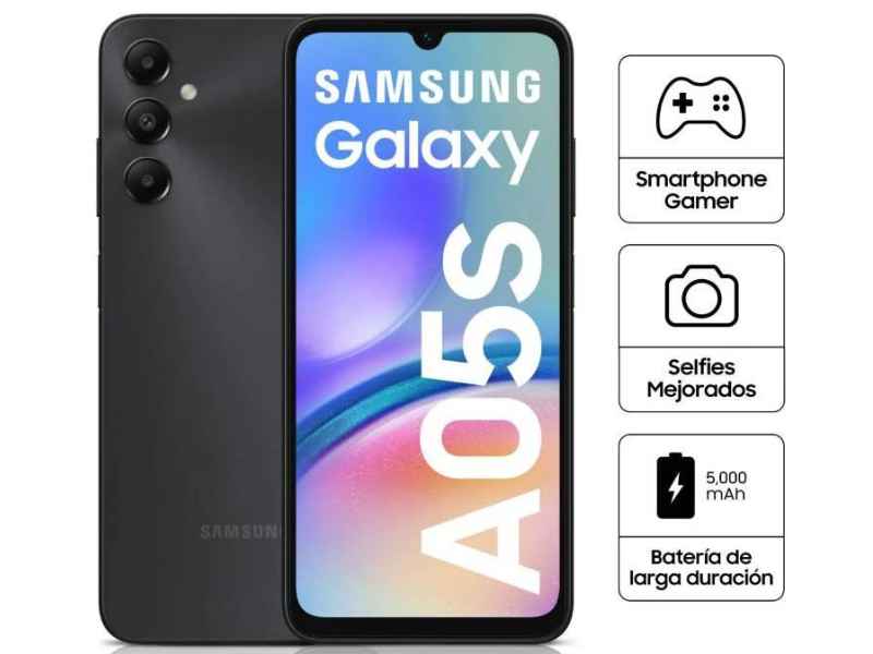 Samsung Galaxy A05s: diseño frontal, lateral y trasero en color negro.